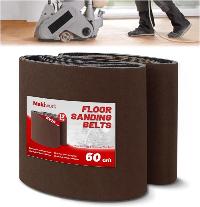 makiwork 8 inch x 19 inch 60 Grit Sanding Belts, 12 Pack, EZ 8 Drum Sander Sandpaper Rolls for Woodworking and Floor Polishing, Aluminum Oxide Sander Sleeves - Image 1